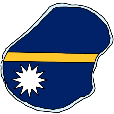 the shape of the island Republic of Nauru, with a thin blue border representing its coral reef. the island is colored with Nauru's flag, which is dark blue with a thin horizontal yellow stripe in the middle, and a twelve-pointed white star below the yellow stripe on the left. there are gaps in the border to show Nauru's ports.